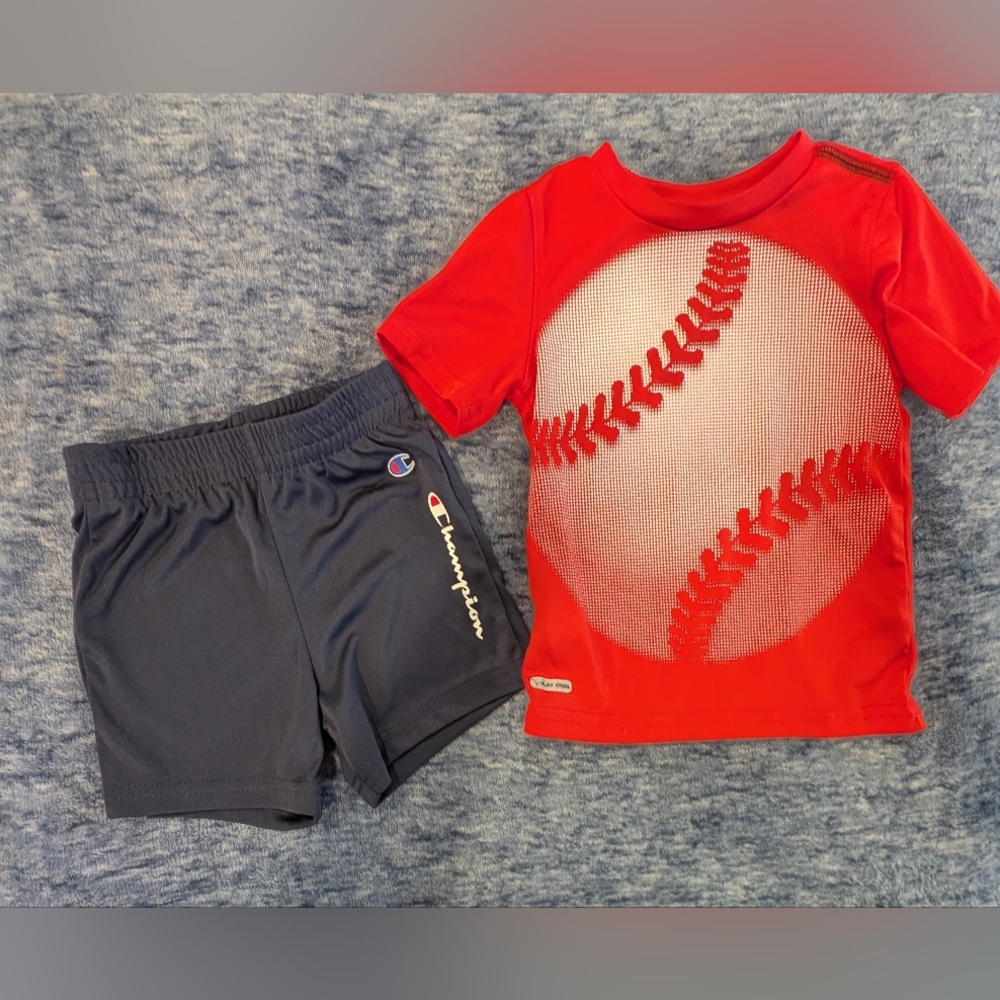 Champion 18M Red Baseball Tee and Navy Shorts Set
